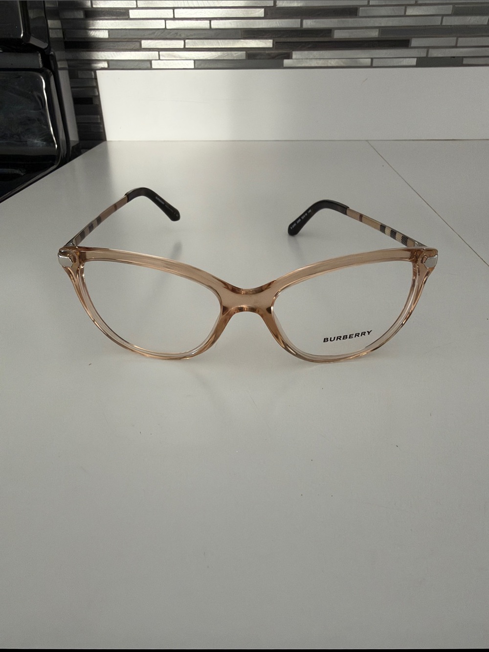 Burberry Women's Transparent Beige Cat-Eye Eyeglasses with Patterned Temples